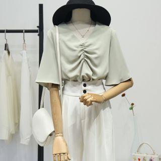 V-neck Ruched Elbow-sleeve Blouse