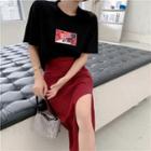 Print T-shirt / Plaid Slit Midi Pencil Skirt