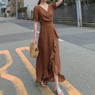 Set: Dotted V-neck Short-sleeve Blouse + Midi A-line Skirt