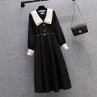 Set: Long-sleeve Two-tone Dress + Faux-leather Belt