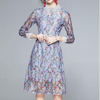 Flower Print Lace Trim Long-sleeve A-line Dress