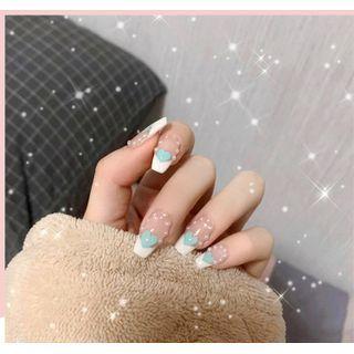 Heart Faux Nail Tips X5 - Glue - Blue Love Heart - Pink & White - One Size