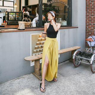 Wrap-front Slit Wide-leg Pants