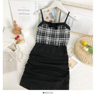 Ribbon-accent Ruched Sleeveless Mini Dress Black - One Size