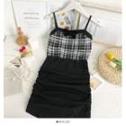 Ribbon-accent Ruched Sleeveless Mini Dress Black - One Size