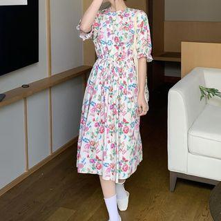 Short-sleeve Floral A-line Dress Almond & Red - One Size