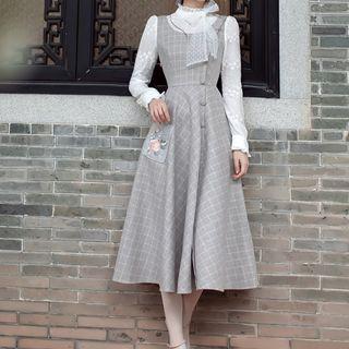 Mock Two-piece Long-sleeve Check Panel Midi A-line Dress