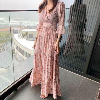 3/4-sleeve Floral Print Tiered Maxi A-line Dress