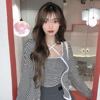 Set: Striped Camisole Top + Light Cardigan Black & White - One Size