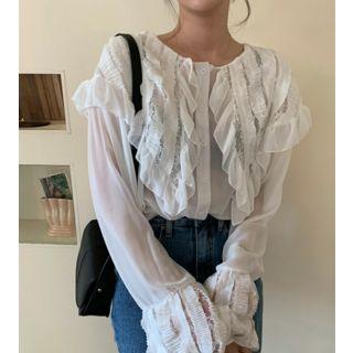 Lace Panel Ruffled Blouse White - One Size