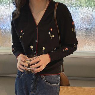 Long-sleeve V-neck Embroidered Cardigan Black - One Size