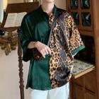Leopard Print Panel Elbow-sleeve Shirt