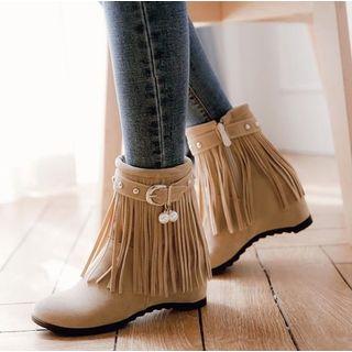 Tassel-trim Buckled Hidden Wedge Short Boots