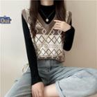Geometric Print Sweater Vest / Mock-neck Knit Top