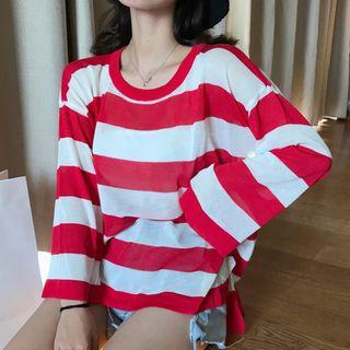 Long-sleeve Color Block Knit Top As Shown In Figure - One Size