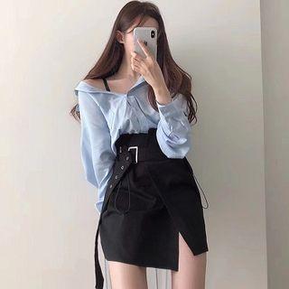 Plain Long-sleeve Shirt / Asymmetric A-line Mini Skirt