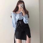 Plain Long-sleeve Shirt / Asymmetric A-line Mini Skirt