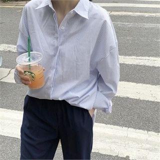 Drop-shoulder Stripe Shirt Blue - One Size