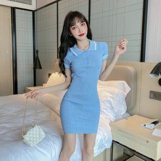 Collared Short-sleeve Knit Mini Sheath Dress