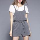 Set: Chiffon Short Sleeve Blouse + Drawstring Pinafore Playsuit