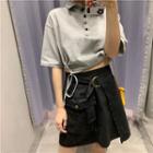 Short-sleeve Drawstring Polo Shirt / Mini A-line Skirt