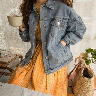 Bishop-sleeve Denim Jacket Blue - One Size