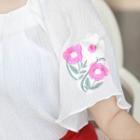 Flower-embroidered Elbow-sleeve Top