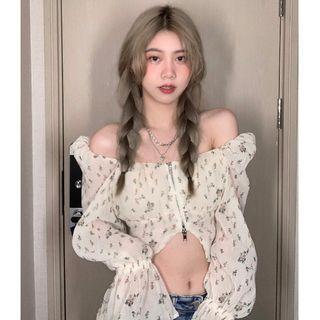 Long-sleeve Off-shoulder Floral Crop Top