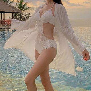 Set: Crocheted Lace Swimsuit + Chiffon Cover Up