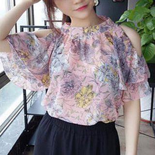 Printed Shoulder-cutout Short-sleeve Chiffon Top