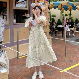 Puff-sleeve Dotted Midi A-line Dress Off-white - One Size