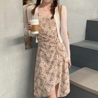 Plain Cardigan / Spaghetti Strap Flower Print A-line Dress