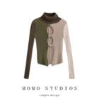 Color Block Turtleneck Sweater Army Green - One Size