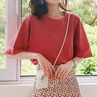 Short-sleeve Plain T-shirt Red - One Size