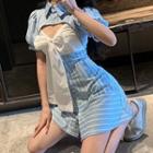 Striped Short-sleeve Bow Cutout Mini A-line Shirtdress