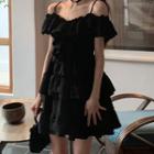 Off-shoulder Tiered Lace Mini A-line Dress Black - One Size