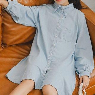 Long-sleeve Shirt Dress Blue - One Size
