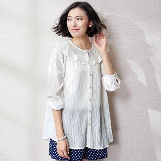 Long-sleeve Ruffle-trim Plain Blouse
