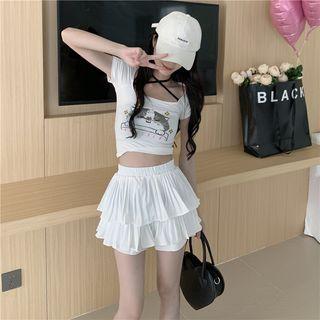 Elastic-waist Layered A-line Mini Skirt