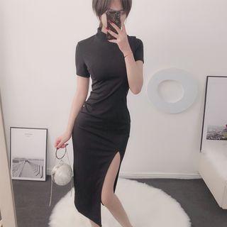Side Slit Short-sleeve Midi Bodycon Dress