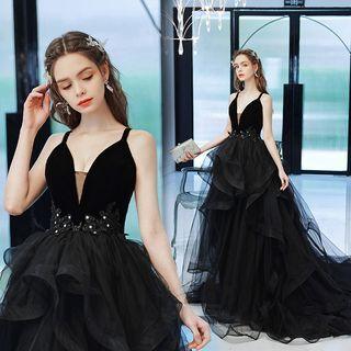 Spaghetti Strap Ruffled Mesh Evening Gown