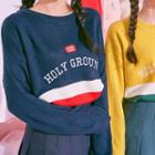 Color-block Lettering Embroidered Knit Top