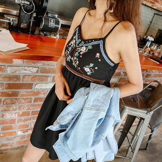 Spaghetti-strap Flower-embroidered Empire Dress