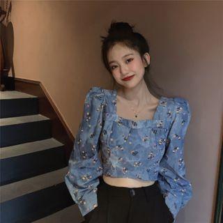 Long-sleeve Floral Print Crop Top As Shown In Figure - One Size