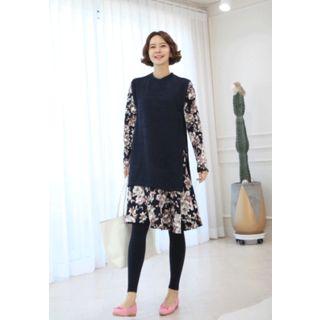 Set: Sleeveless Long Knit Top + Floral Patterned Ruffle-hem Dress