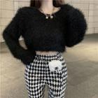 Checkerboard Pattern Slit Boot-cut Pants / Cropped Sweater