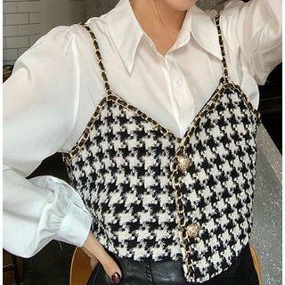 Puff-sleeve Blouse / Houndstooth Camisole Top