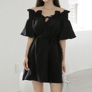 Plain Off-shoulder Flared-sleeve Mini A-line Dress