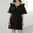 Plain Off-shoulder Flared-sleeve Mini A-line Dress