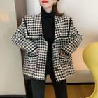 Collared Houndstooth Single-breasted Jacket Houndstooth - Black & White - One Size